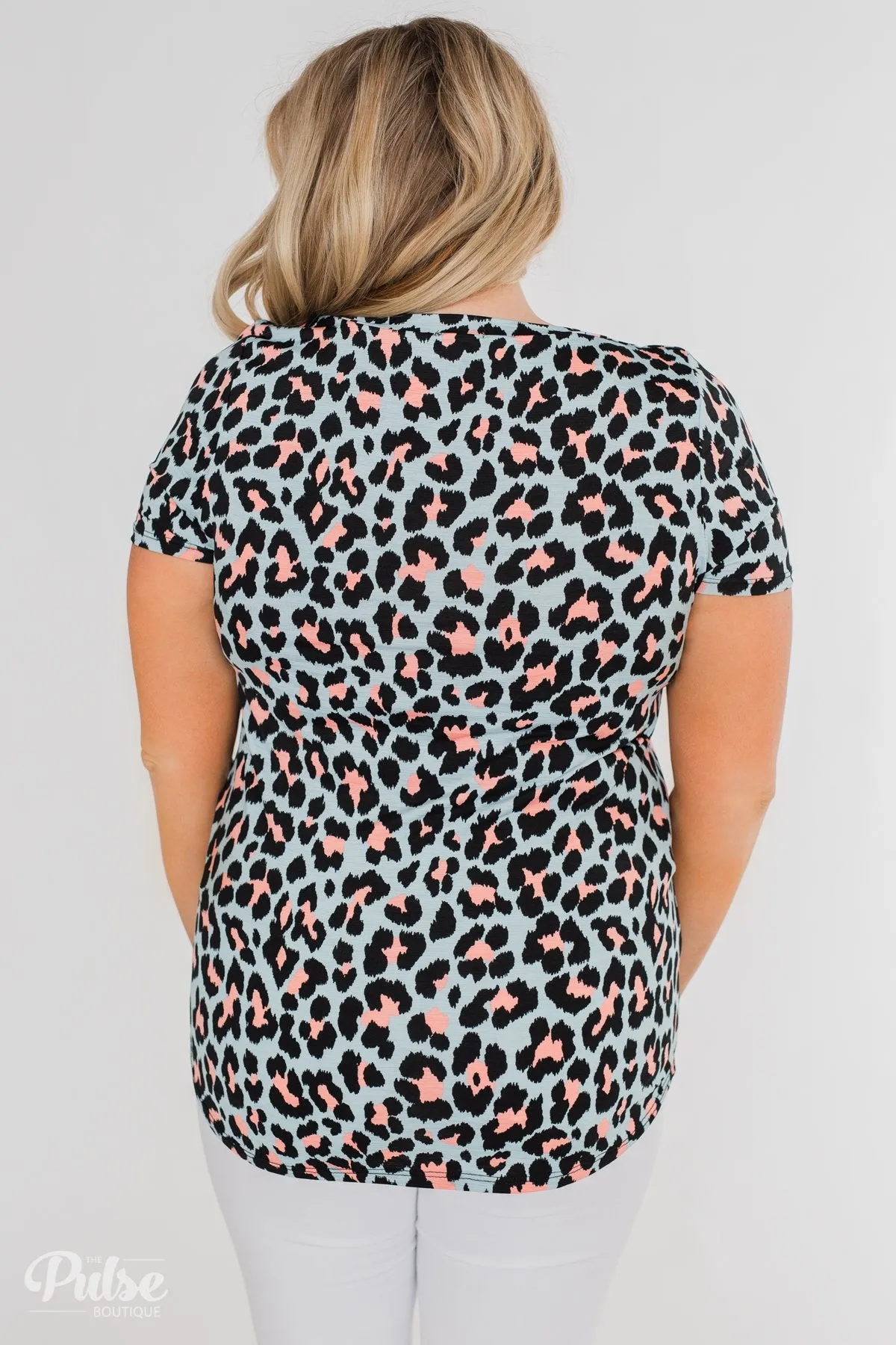 Can't Go Wrong V-Neck Leopard Top- Light Blue & Peach