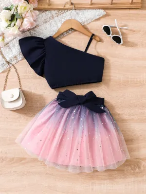 Chiffon short skirt| Young Girl Asymmetrical Neck Top & Chiffon Skirt