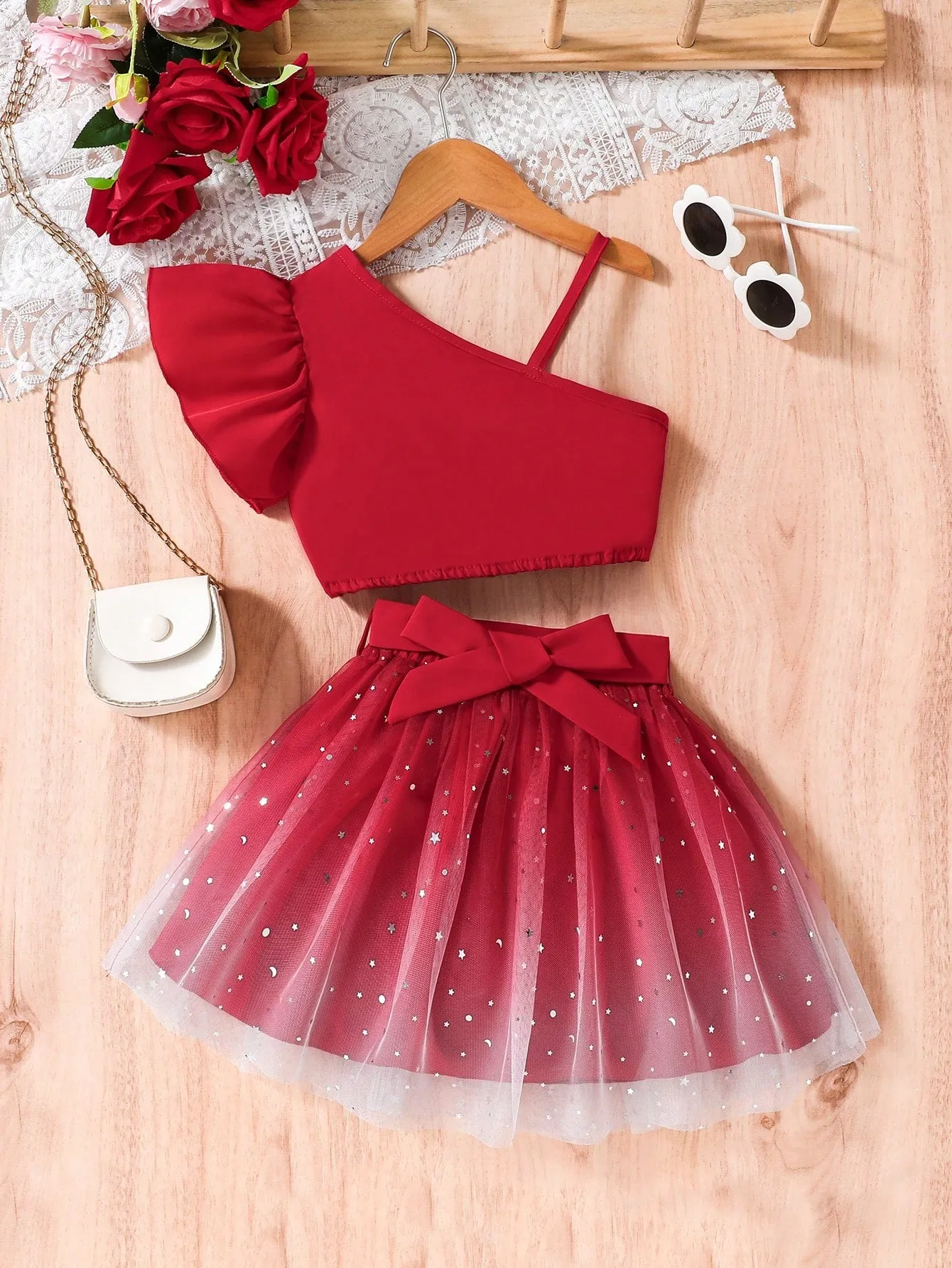 Chiffon short skirt| Young Girl Asymmetrical Neck Top & Chiffon Skirt