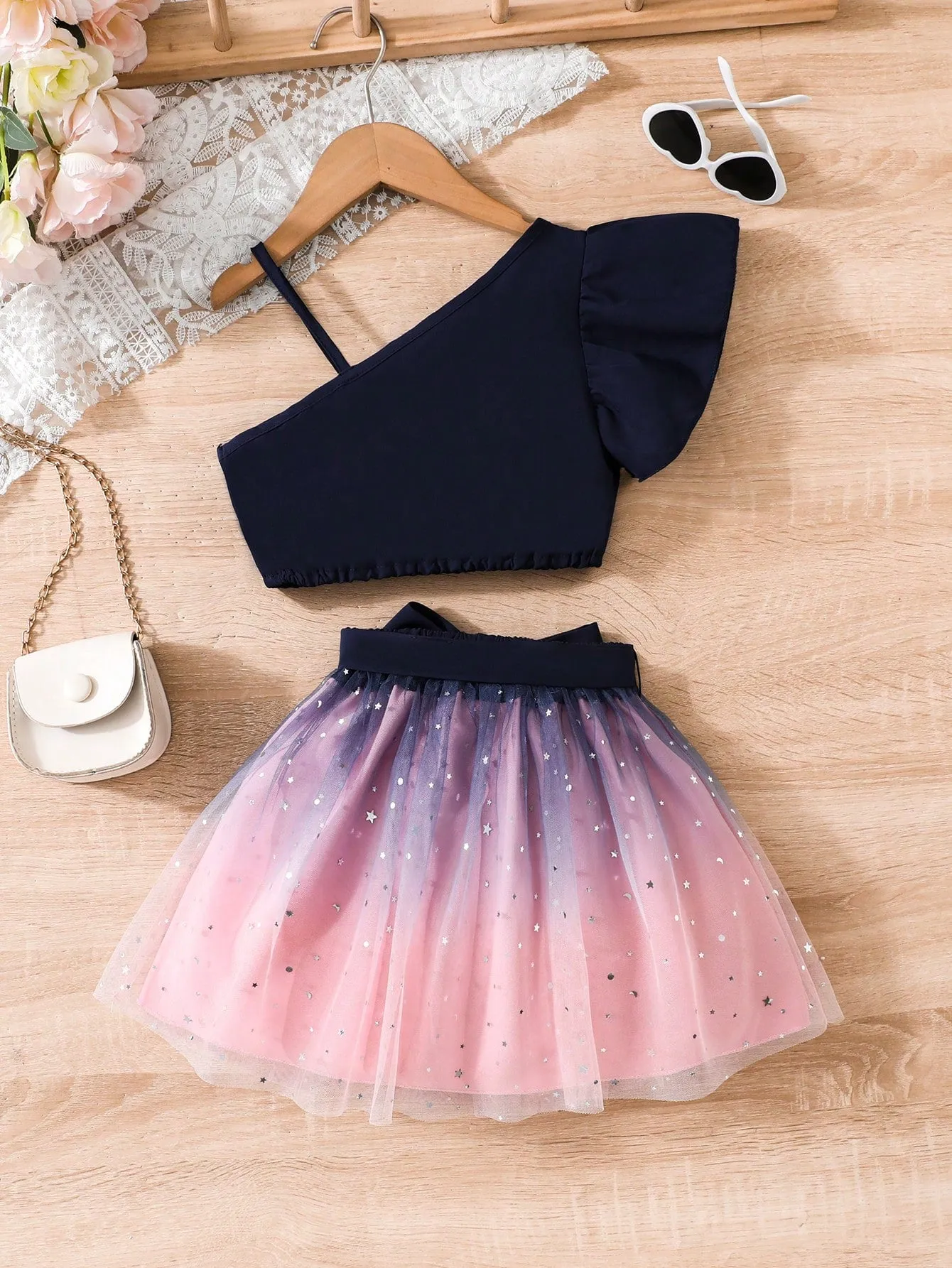 Chiffon short skirt| Young Girl Asymmetrical Neck Top & Chiffon Skirt