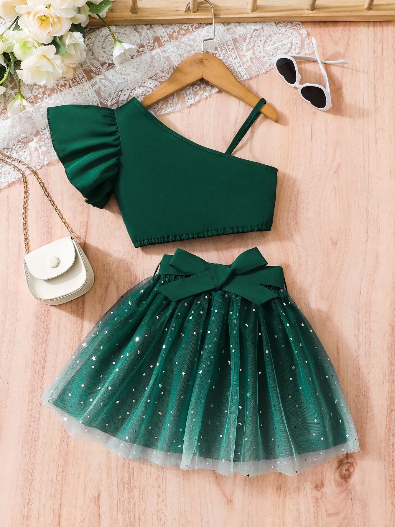Chiffon short skirt| Young Girl Asymmetrical Neck Top & Chiffon Skirt