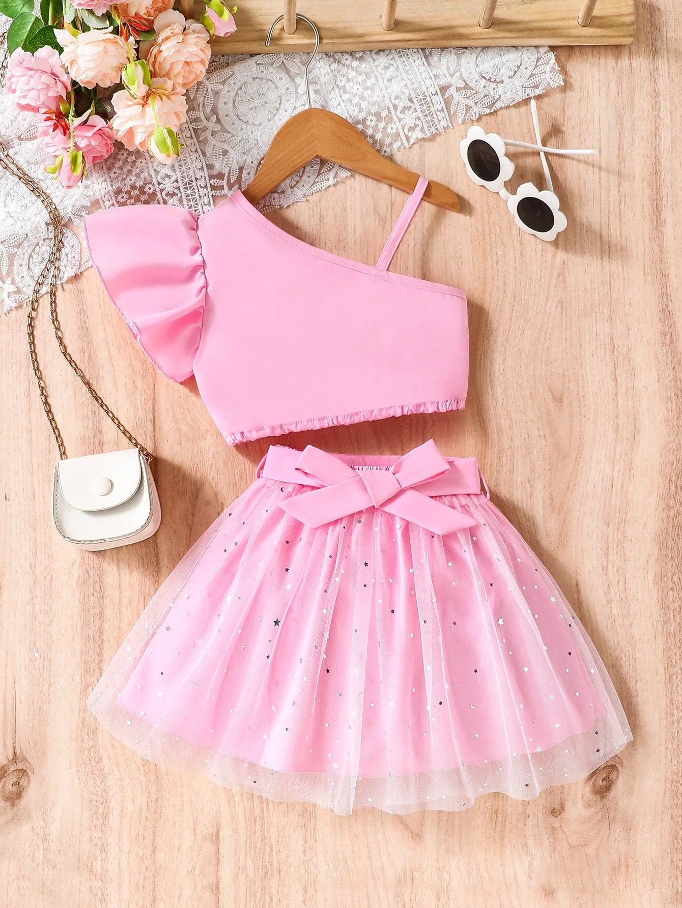 Chiffon short skirt| Young Girl Asymmetrical Neck Top & Chiffon Skirt
