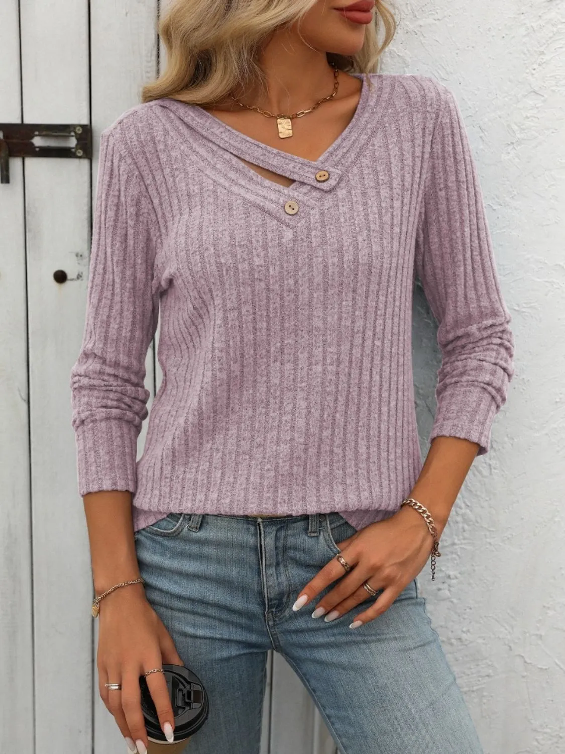 Chrissy Ribbed V-Neck Long Sleeve T-Shirt
