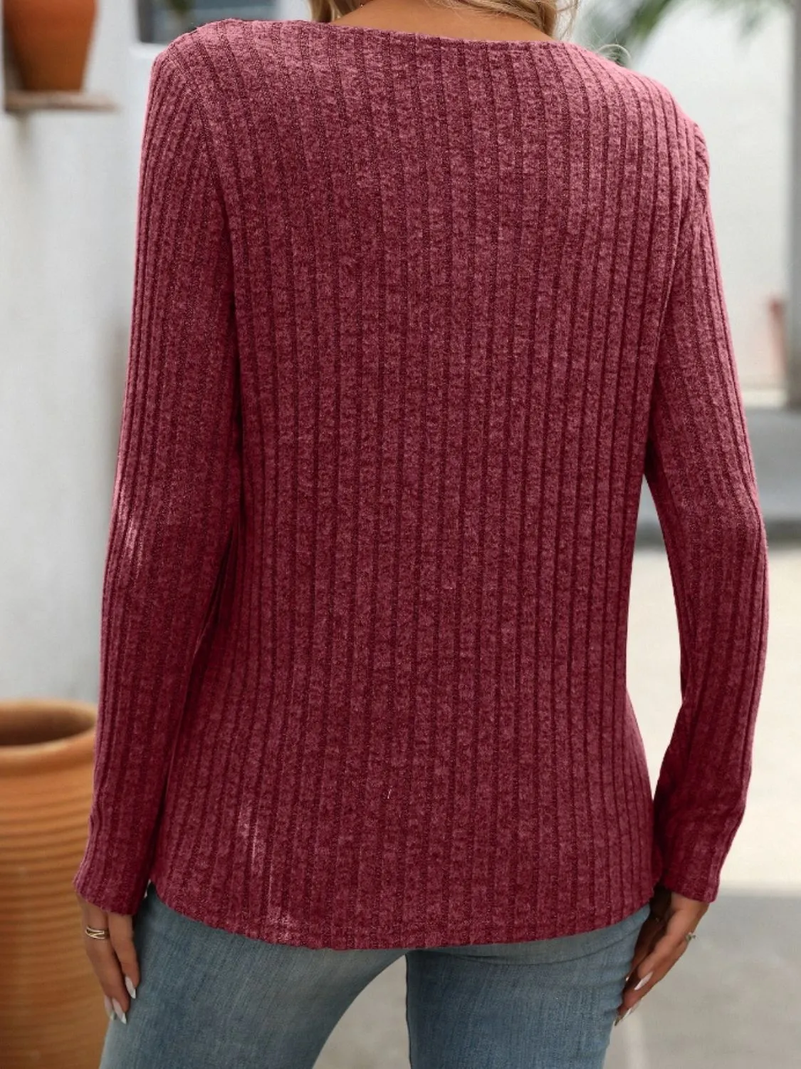 Chrissy Ribbed V-Neck Long Sleeve T-Shirt