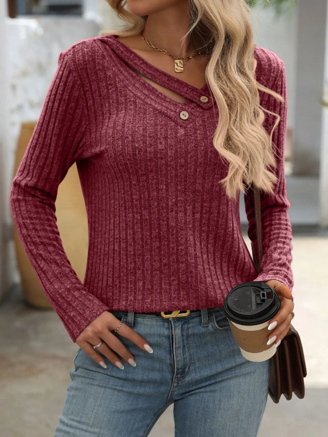 Chrissy Ribbed V-Neck Long Sleeve T-Shirt
