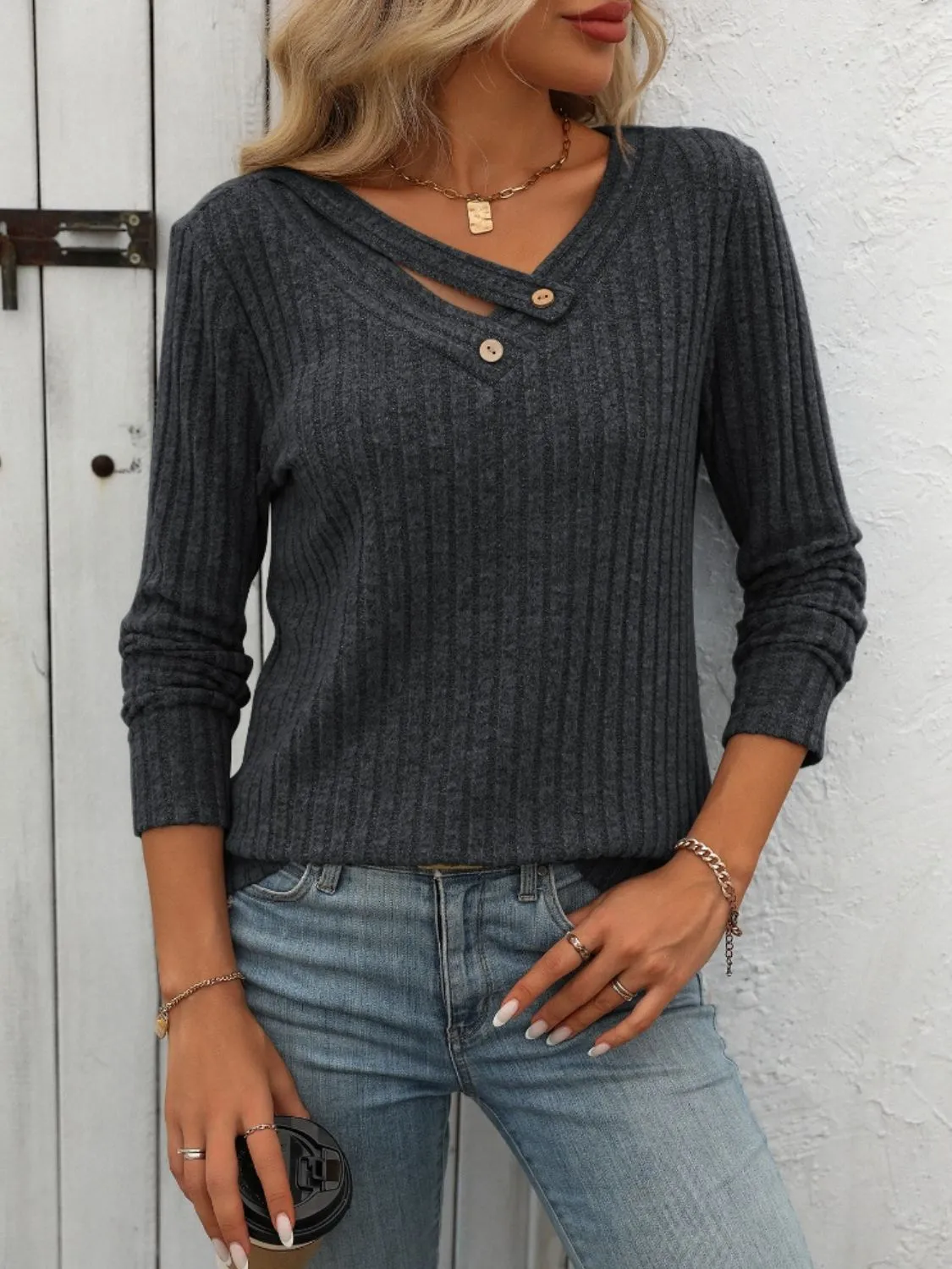 Chrissy Ribbed V-Neck Long Sleeve T-Shirt