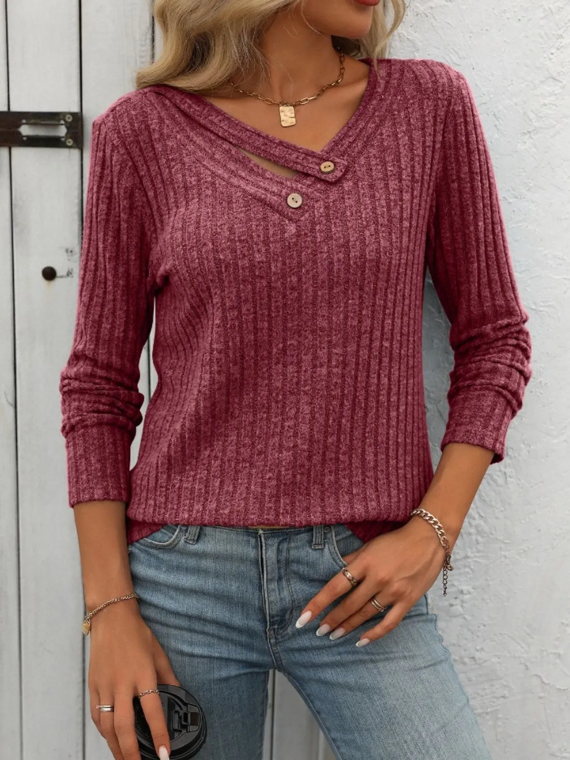 Chrissy Ribbed V-Neck Long Sleeve T-Shirt