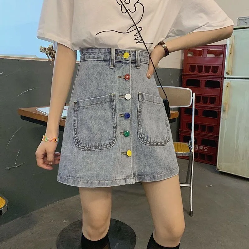 Colorful Button Denim Skirt