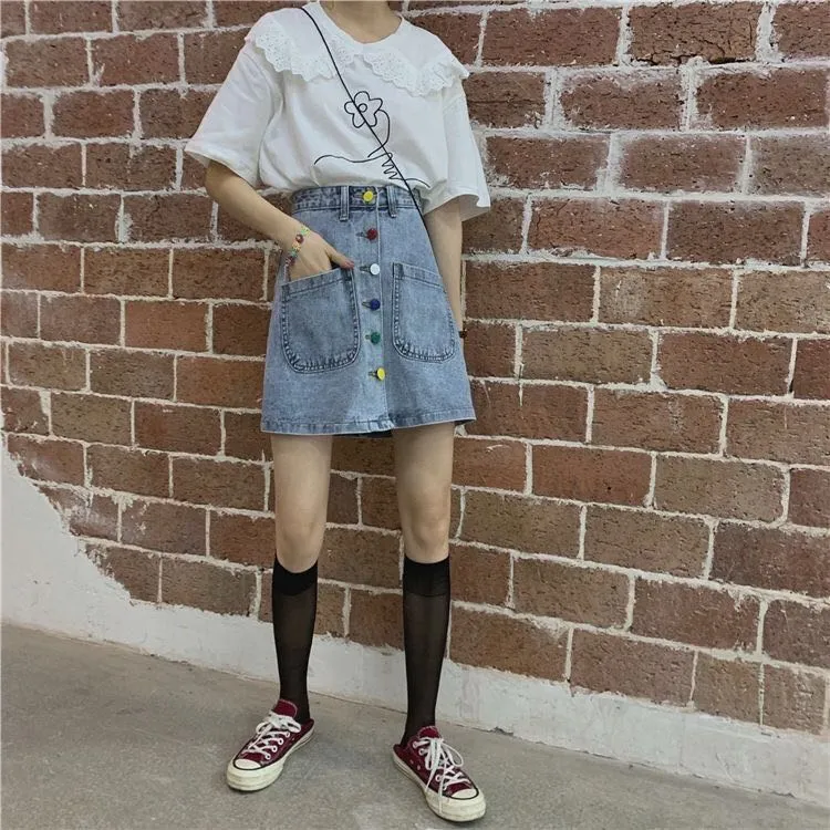 Colorful Button Denim Skirt