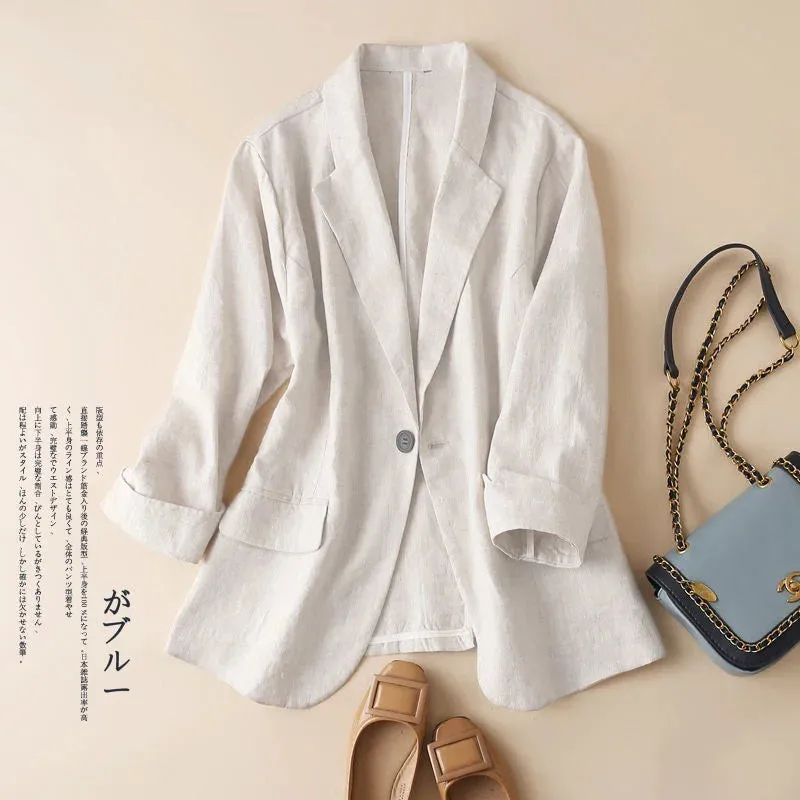 Cotton and Linen Small Suit Women Blazer 2022 Summer Korean Fashion Thin Coat Three-quarter Sleeve Casual Blazers Jacket
