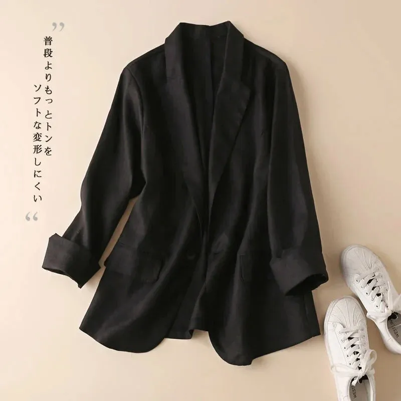 Cotton and Linen Small Suit Women Blazer 2022 Summer Korean Fashion Thin Coat Three-quarter Sleeve Casual Blazers Jacket