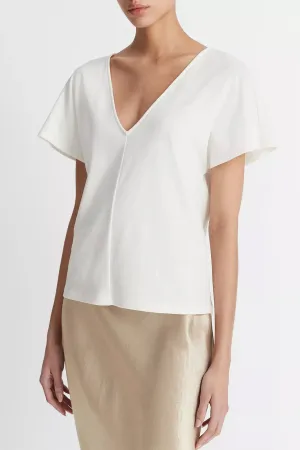 Cotton Flutter Dolman-Sleeve V-Neck T-Shirt in Off-White