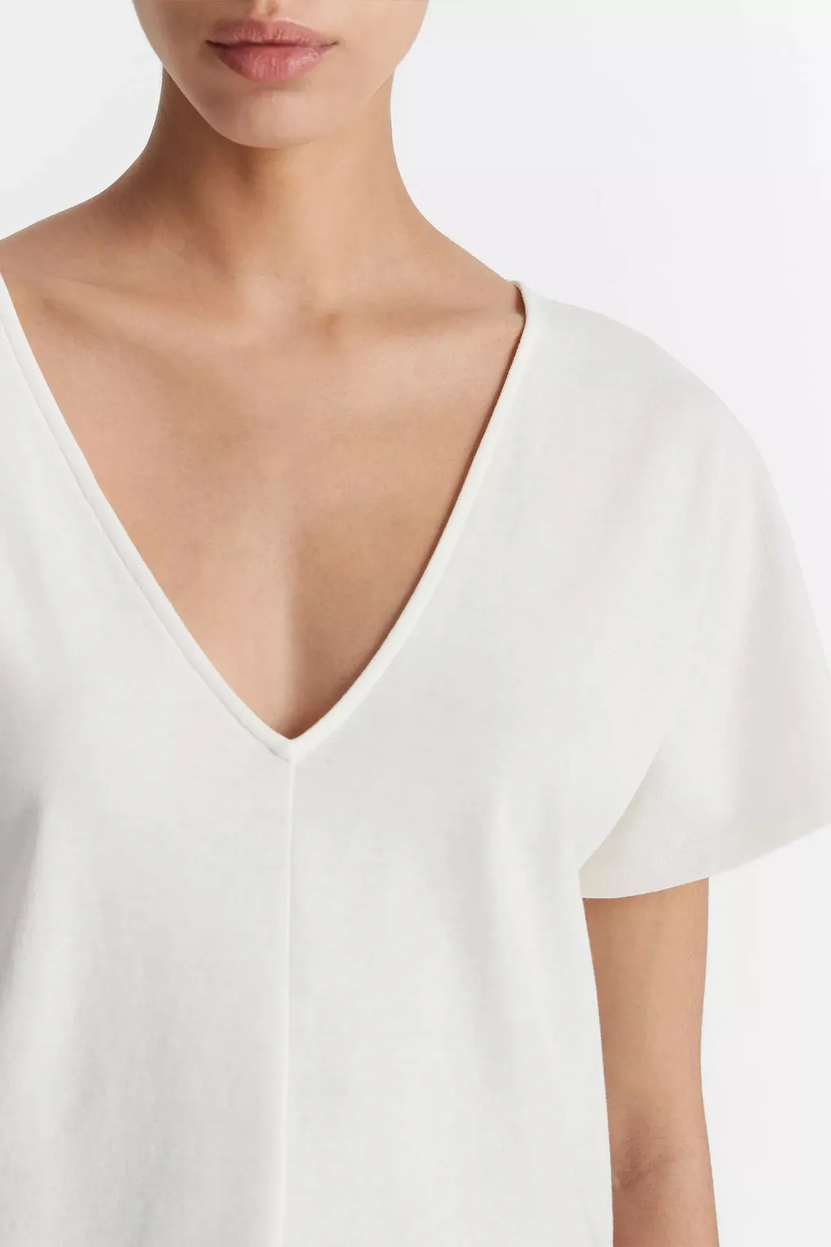 Cotton Flutter Dolman-Sleeve V-Neck T-Shirt in Off-White
