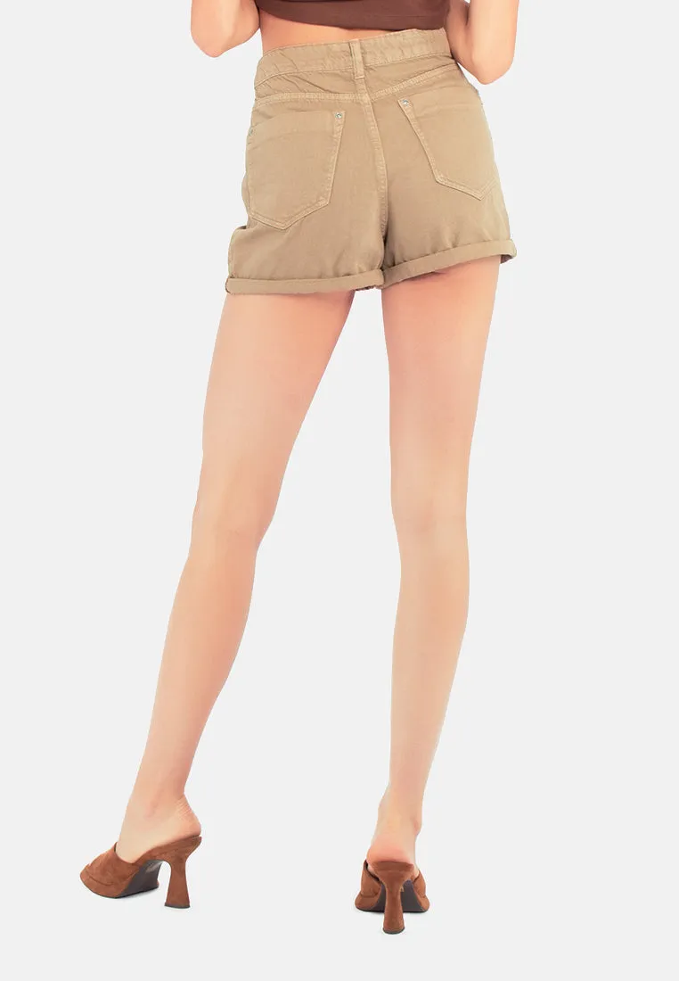 Cream Basic Upturn Hem Shorts