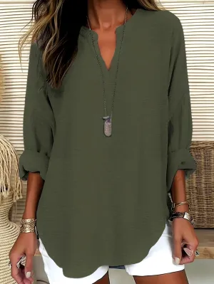 Cropped Neck Blouse - V-Neck Design & Long Sleeves Fit