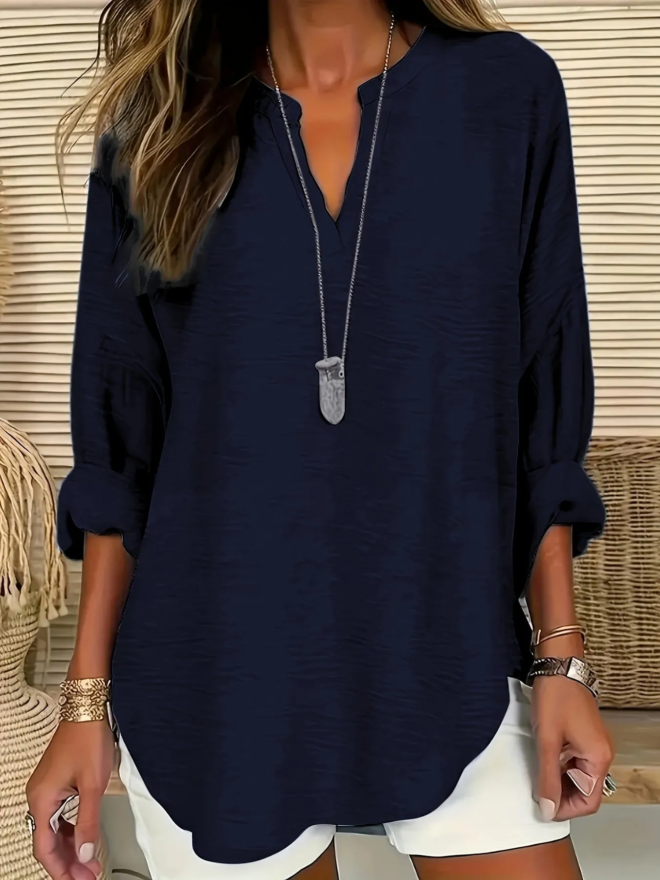 Cropped Neck Blouse - V-Neck Design & Long Sleeves Fit