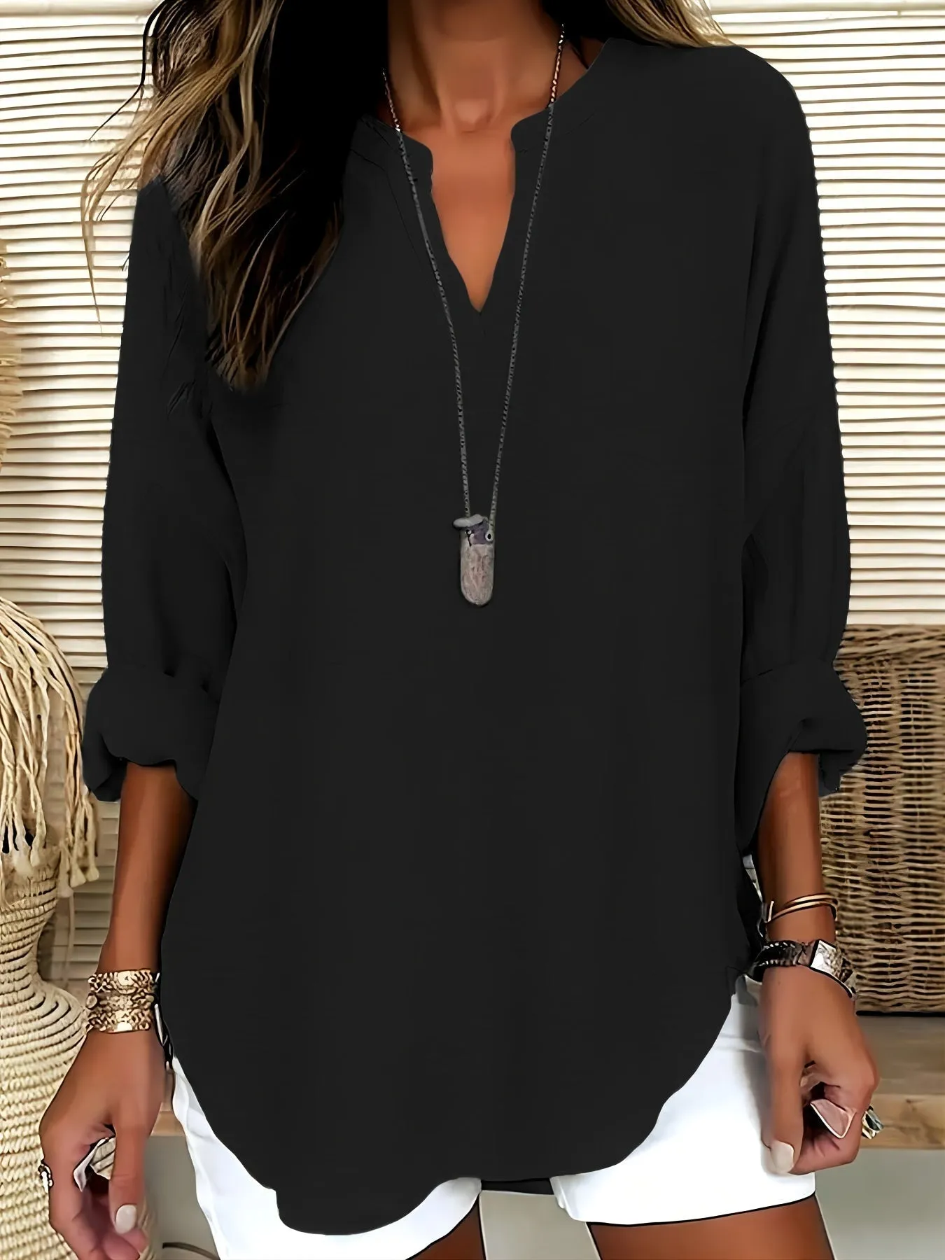Cropped Neck Blouse - V-Neck Design & Long Sleeves Fit