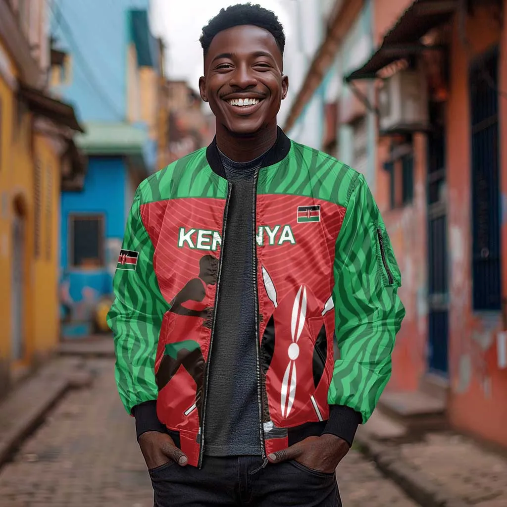 Custom Afro Athletics Kenya Sleeve Zip Bomber Jacket Kenyan Runner - Maasai Shield LT15