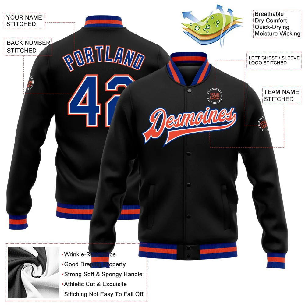 Custom Black Royal White-Orange Bomber Full-Snap Varsity Letterman Jacket