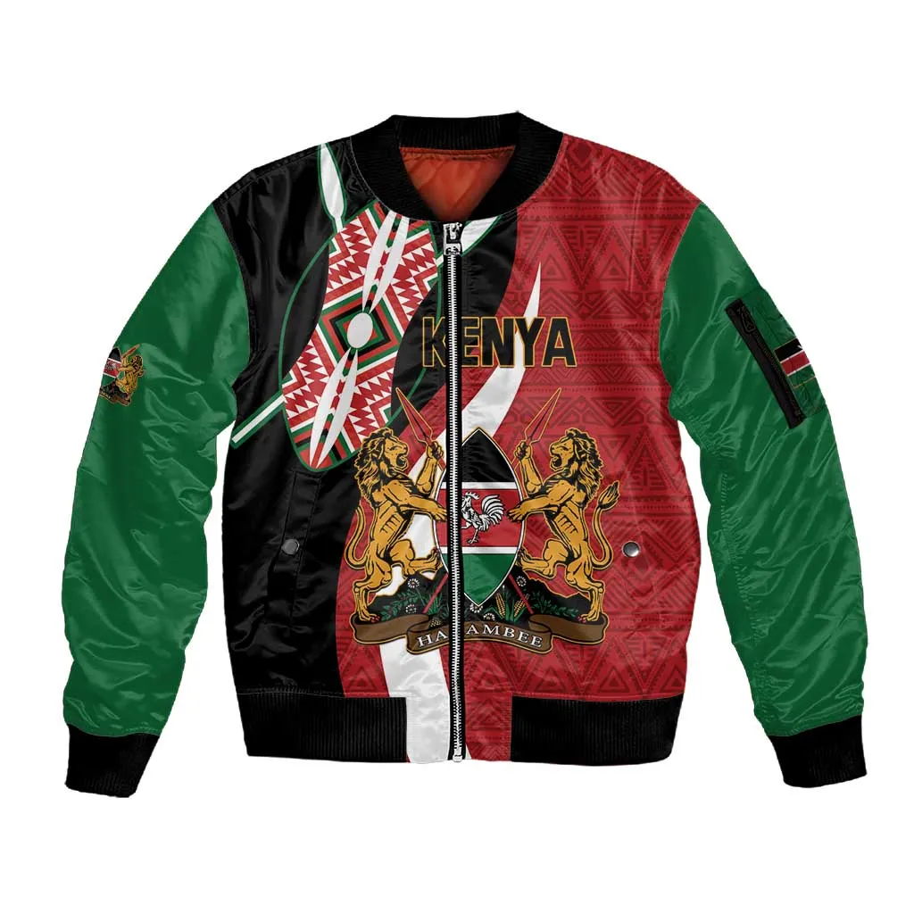 Custom Kenya Football Sleeve Zip Bomber Jacket Maasai Shield Coat Of Arms Style LT14