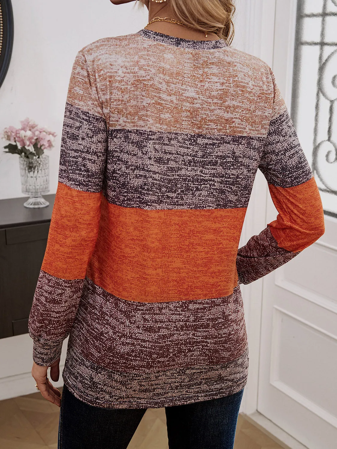 Decorative Button Contrast Round Neck Long Sleeve Top (3 Colors)