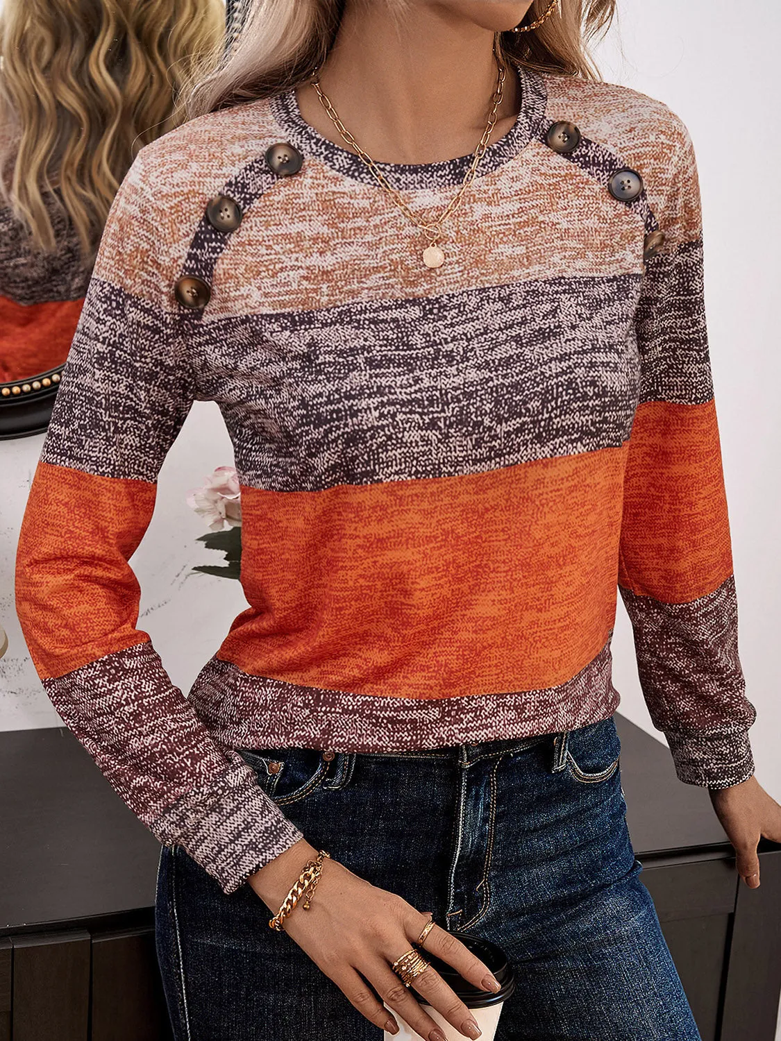 Decorative Button Contrast Round Neck Long Sleeve Top (3 Colors)