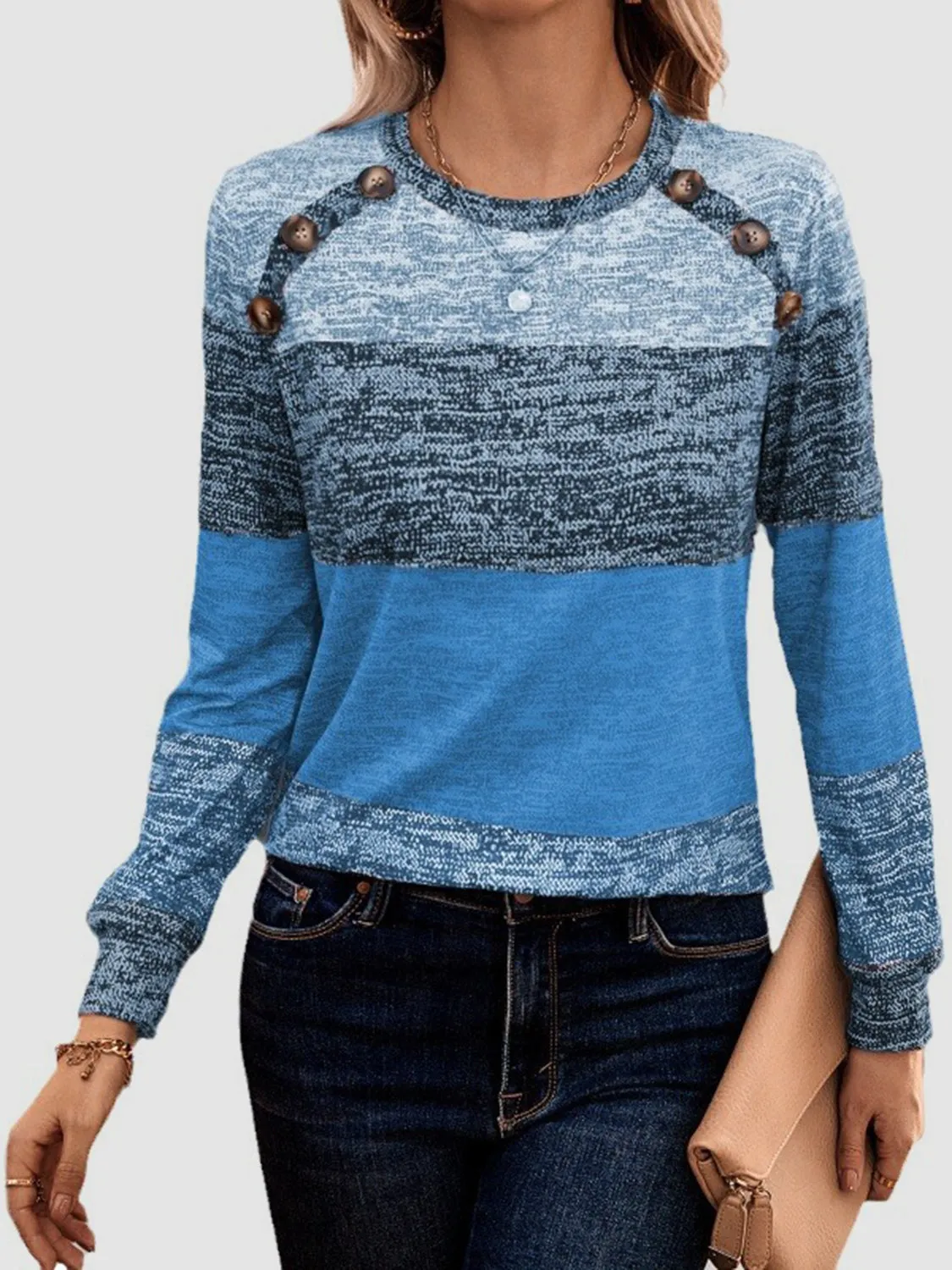 Decorative Button Contrast Round Neck Long Sleeve Top (3 Colors)