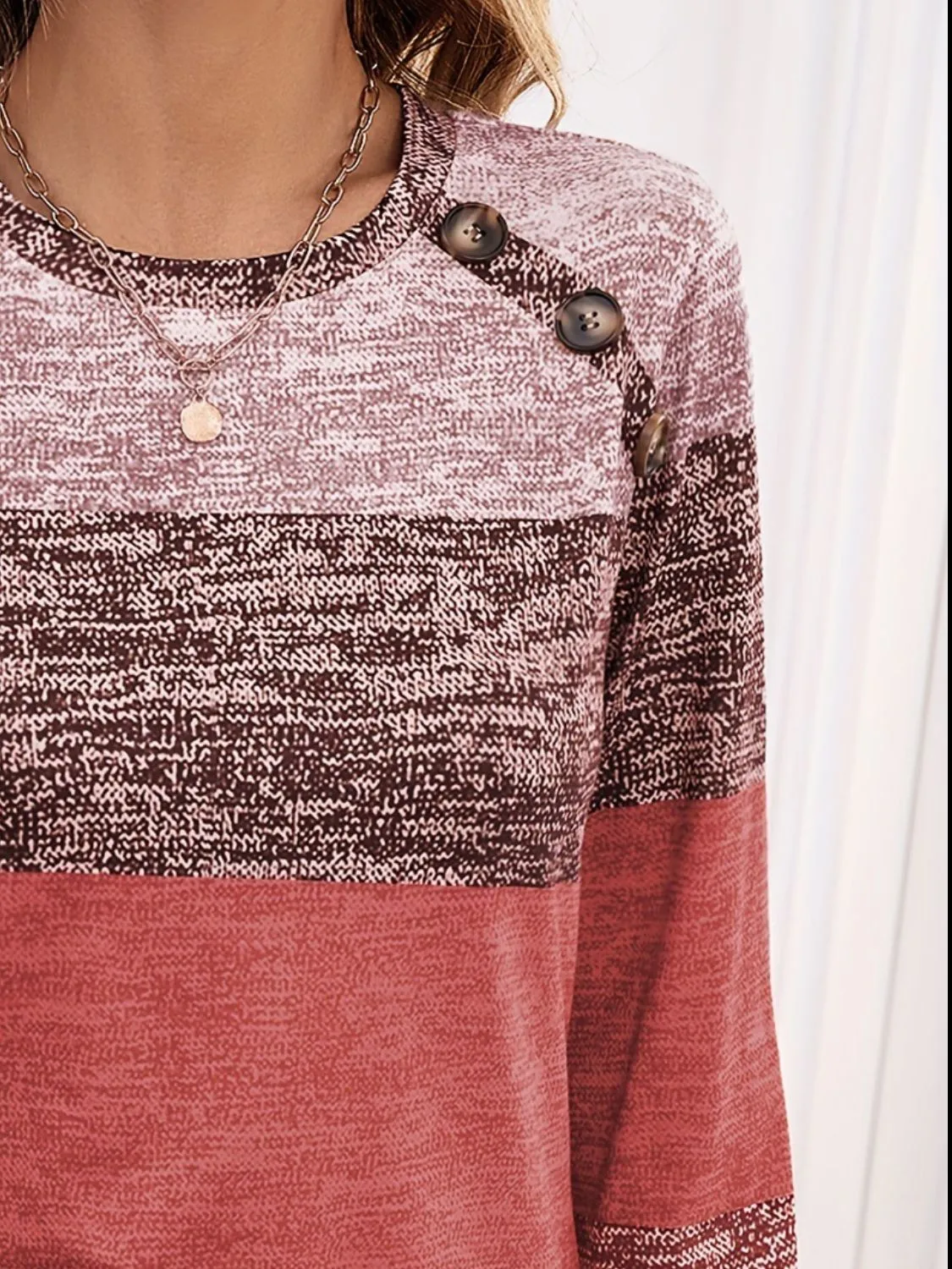 Decorative Button Contrast Round Neck Long Sleeve Top (3 Colors)