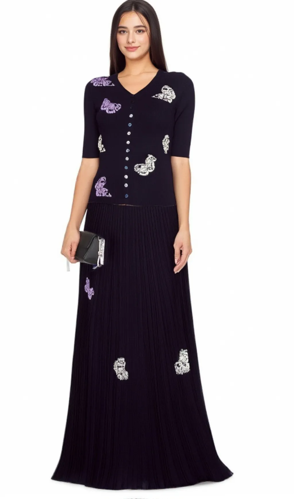 Delphine butterfly ribbed-knit top & skirt matching set
