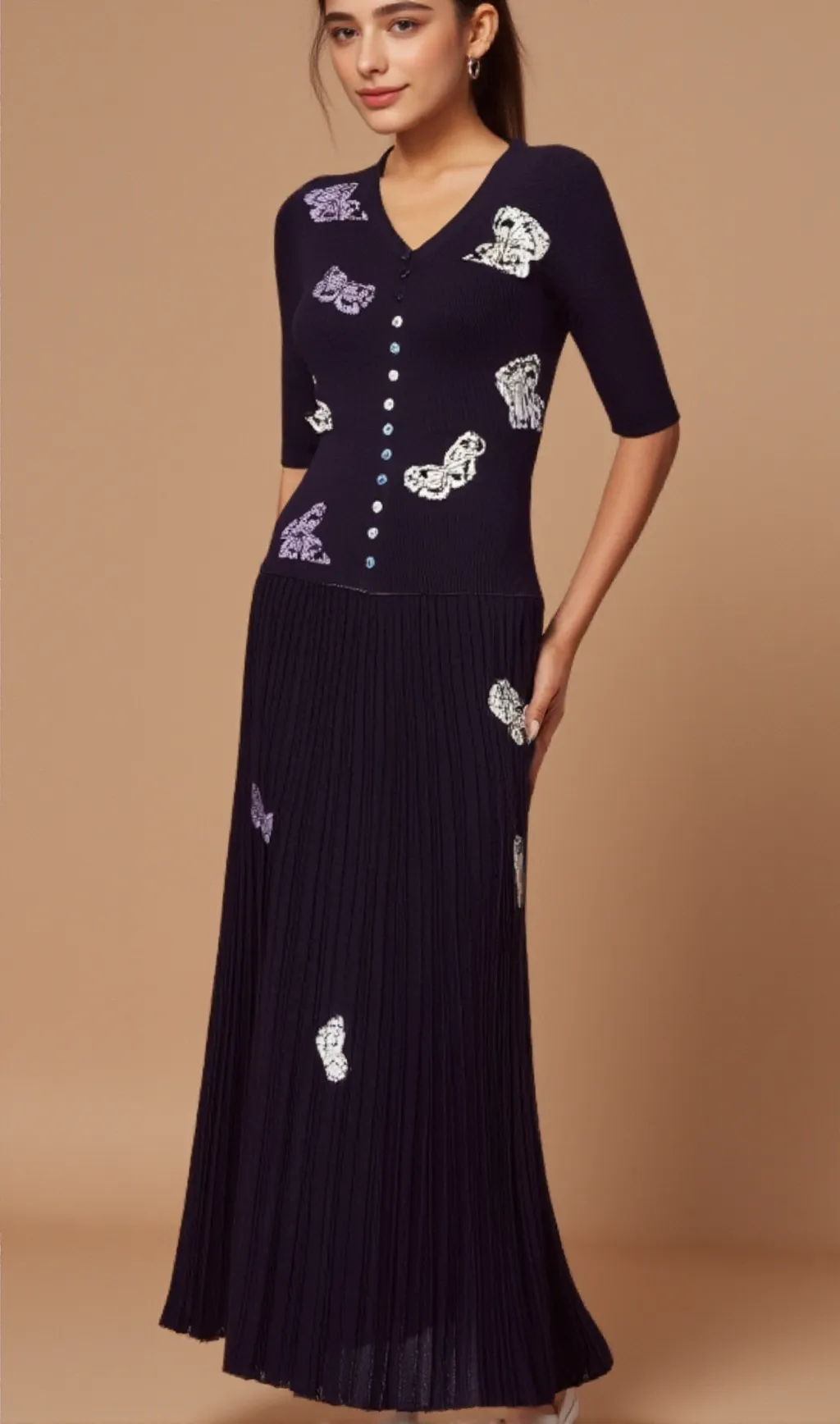 Delphine butterfly ribbed-knit top & skirt matching set