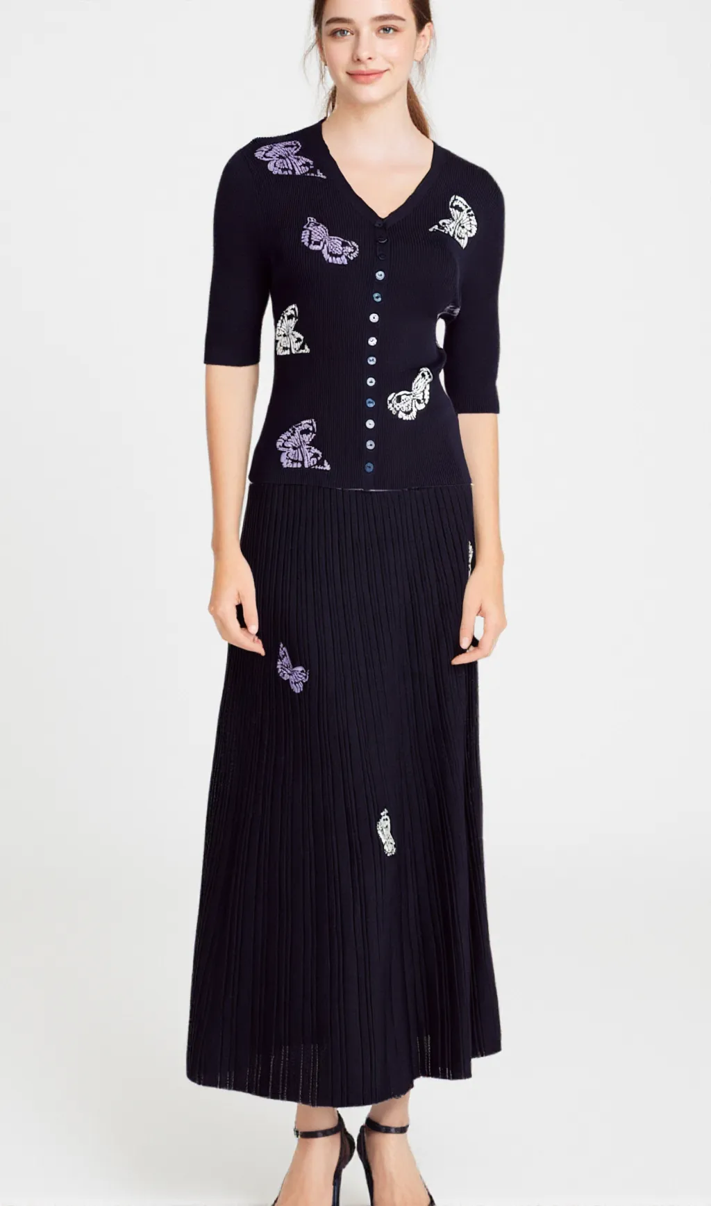 Delphine butterfly ribbed-knit top & skirt matching set