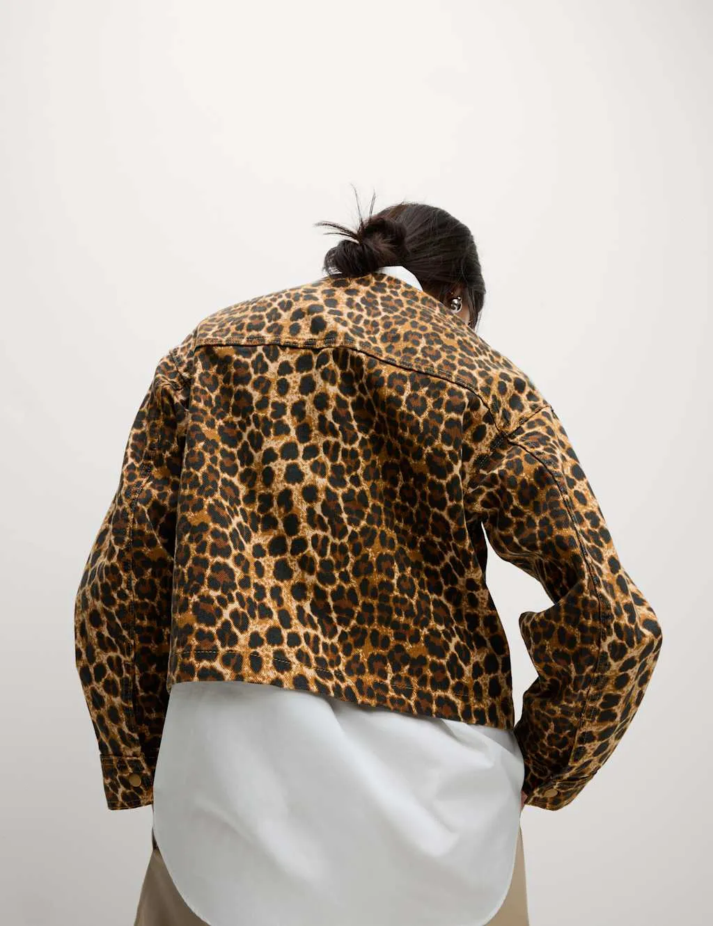 Denim Leopard Print Collarless Jacket