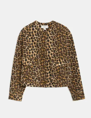 Denim Leopard Print Collarless Jacket