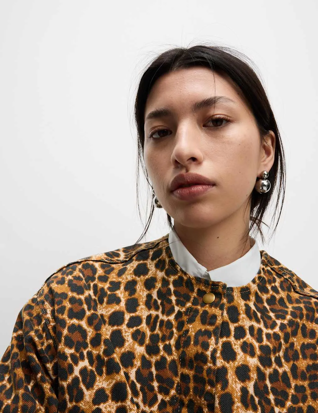 Denim Leopard Print Collarless Jacket