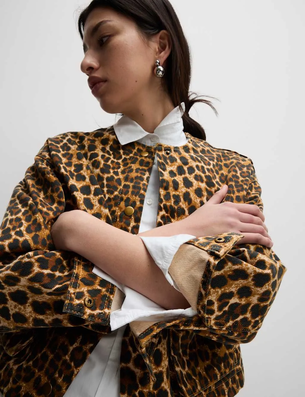 Denim Leopard Print Collarless Jacket