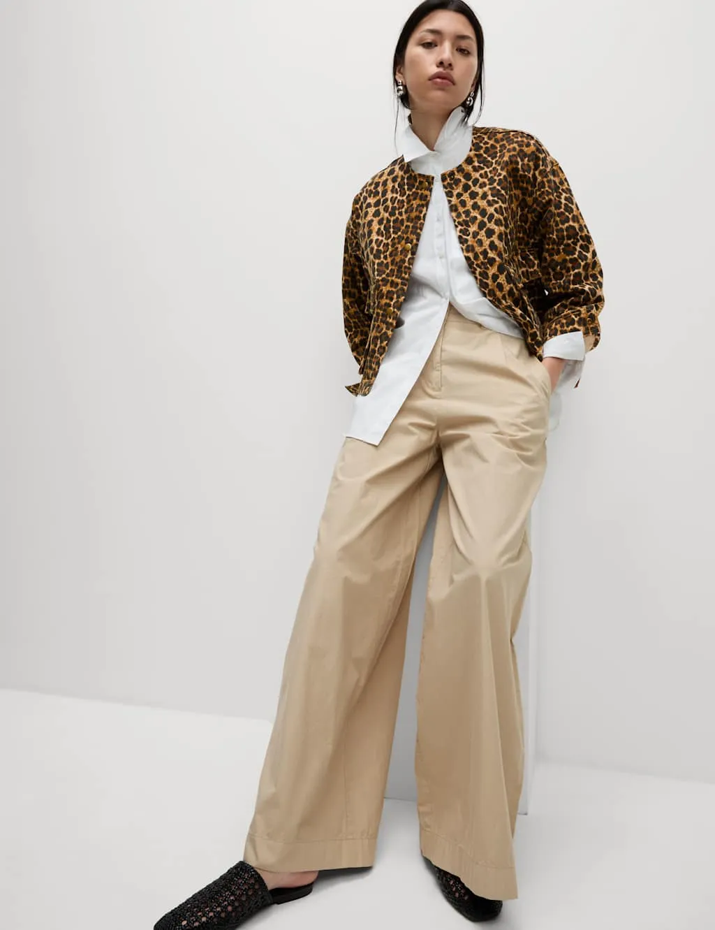 Denim Leopard Print Collarless Jacket