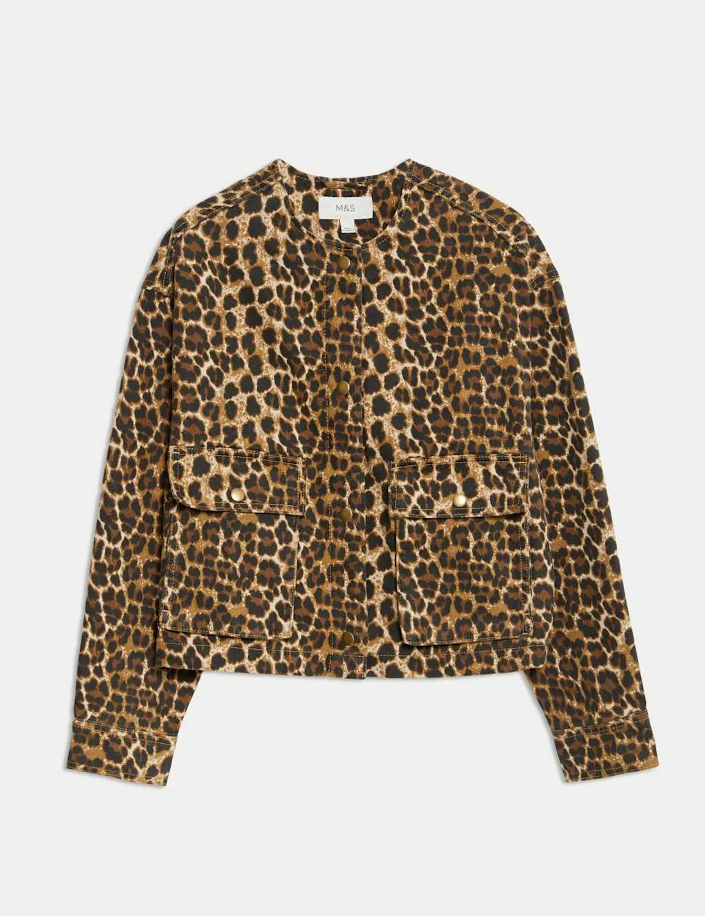 Denim Leopard Print Collarless Jacket