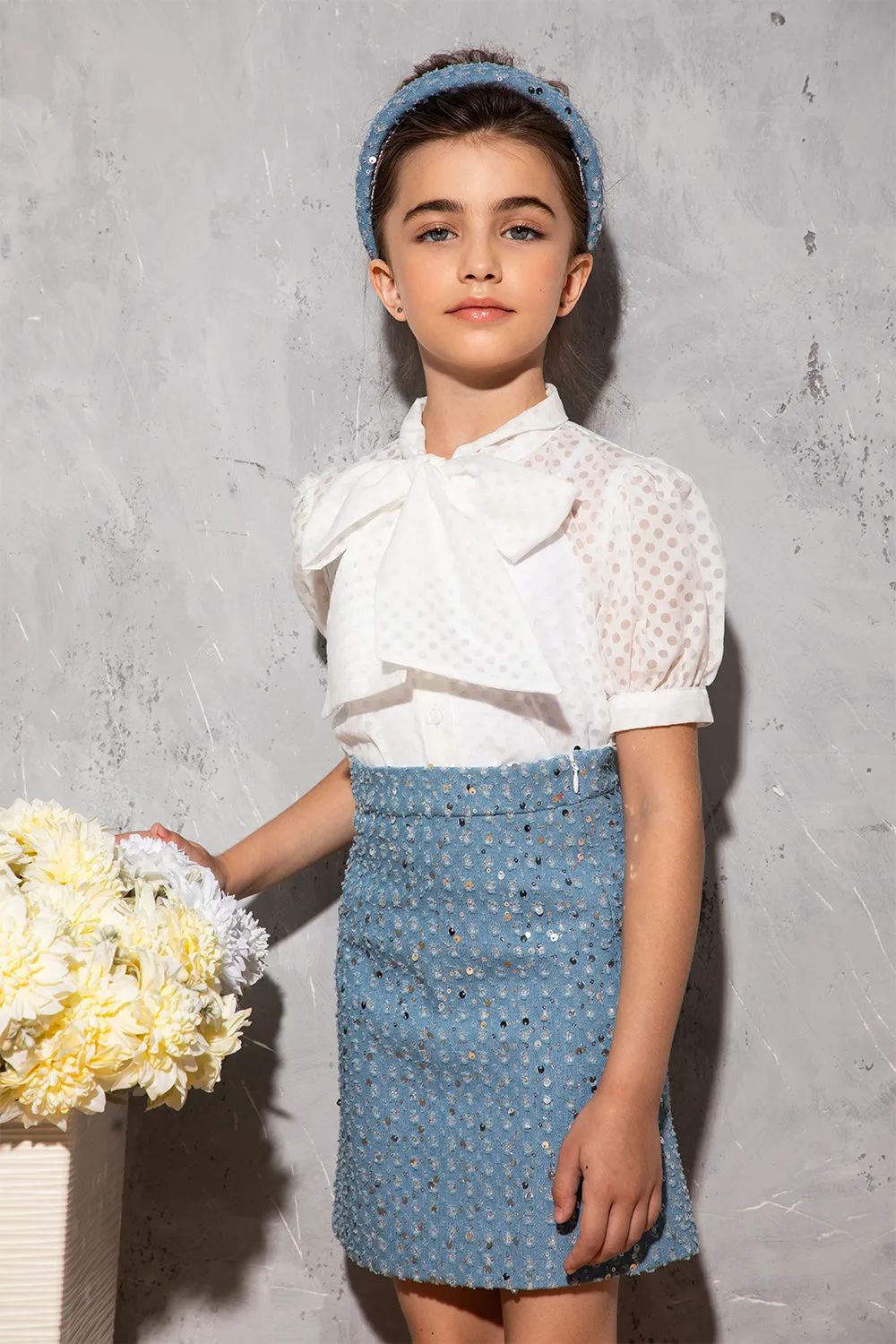 Denim mini skirt with silver sequins