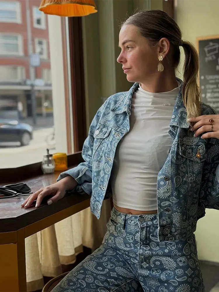 Designer Lapel Print Denim Jackets
