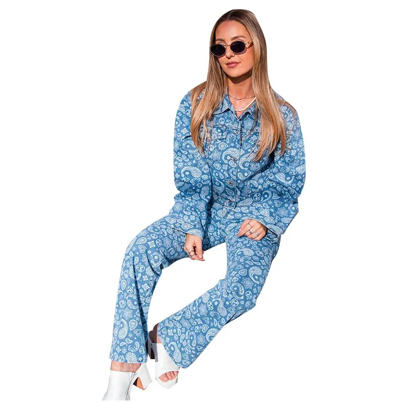 Designer Lapel Print Denim Jackets