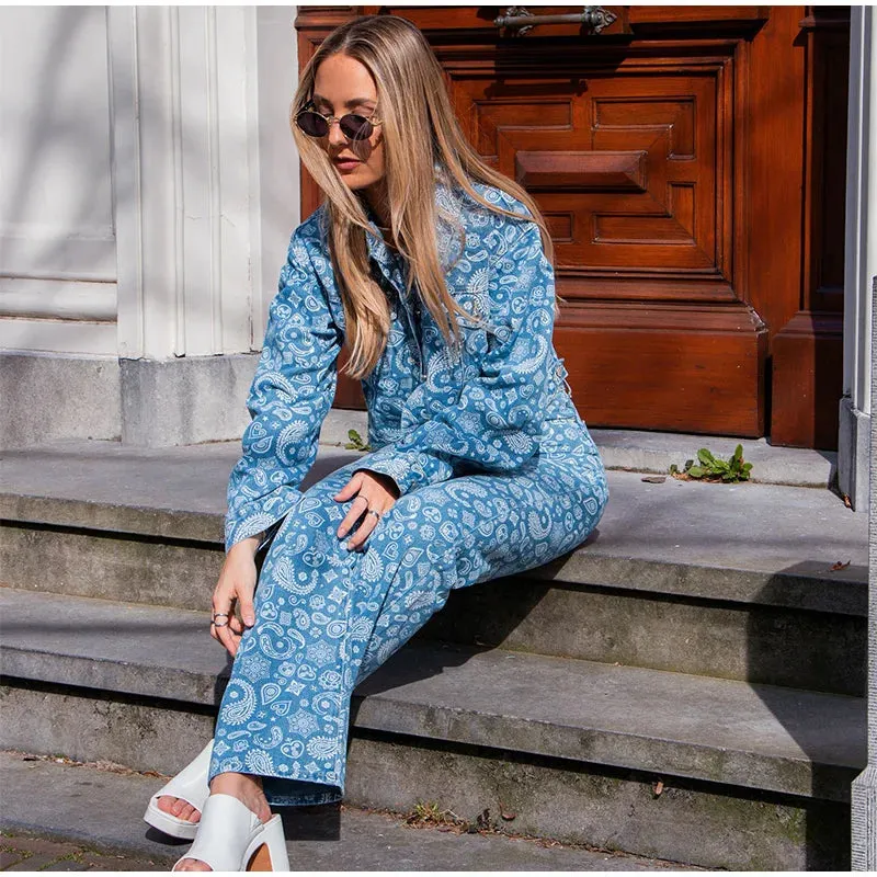 Designer Lapel Print Denim Jackets