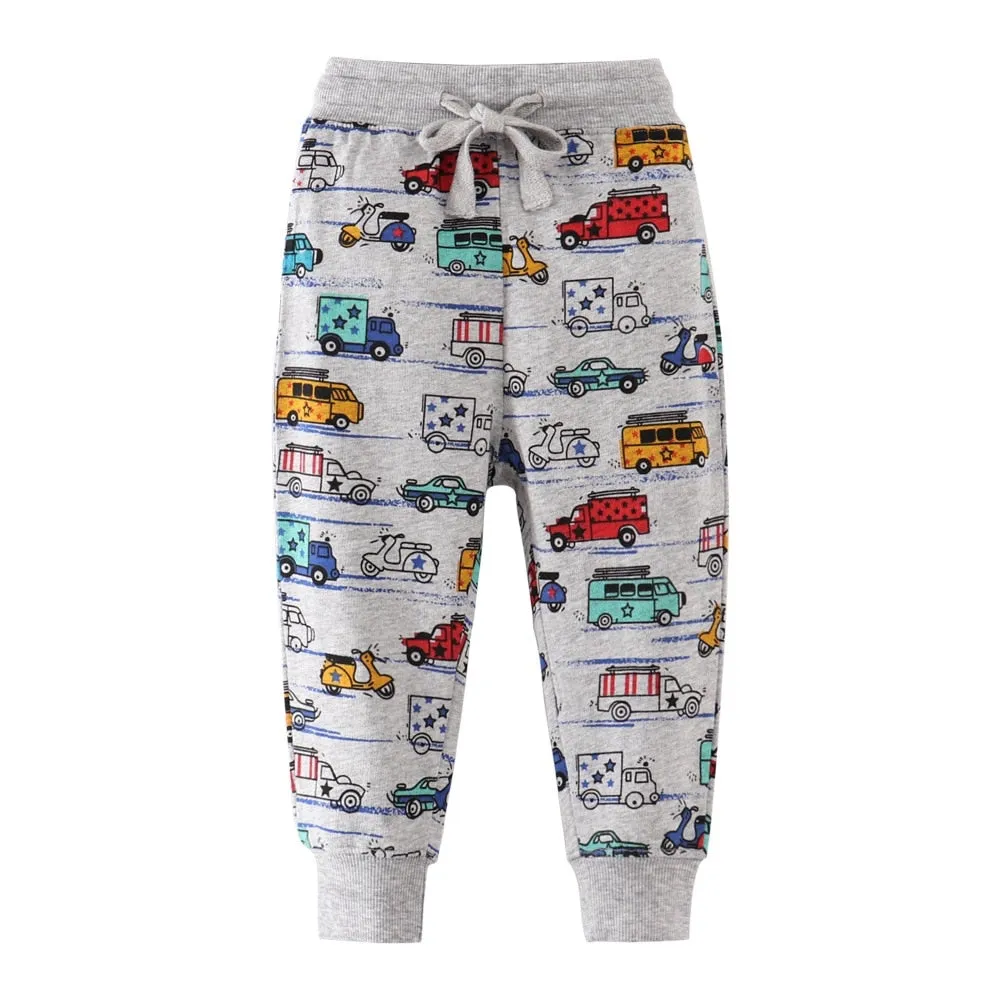 Dinosaur & Cars Print Casual Sweatpants for Boys - Beige, Grey