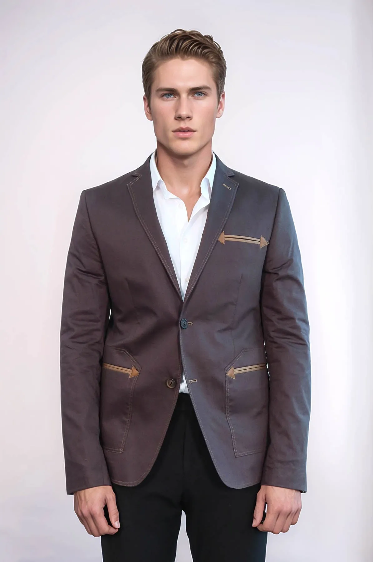 Double Button Mono Lapel Bag Pocket Cotton Brown Jacket-Wessi
