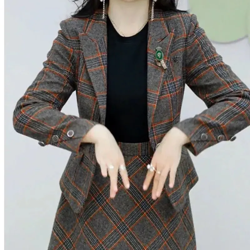Elegant Plaid Skirts 2 Piece Set Slim Blazer Tops   A-line Vintage Skirt Korean Casual Tracksuit Spring Fall Women Ensembles