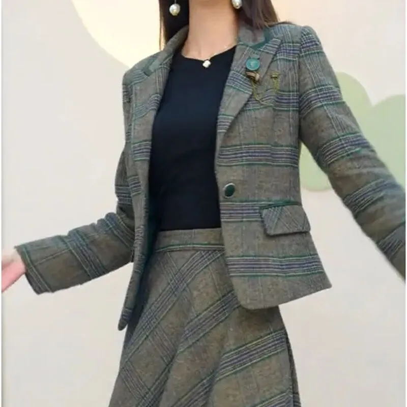 Elegant Plaid Skirts 2 Piece Set Slim Blazer Tops   A-line Vintage Skirt Korean Casual Tracksuit Spring Fall Women Ensembles