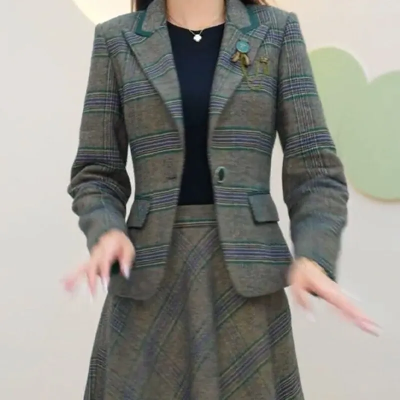 Elegant Plaid Skirts 2 Piece Set Slim Blazer Tops   A-line Vintage Skirt Korean Casual Tracksuit Spring Fall Women Ensembles