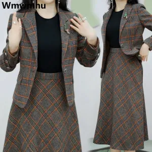 Elegant Plaid Skirts 2 Piece Set Slim Blazer Tops   A-line Vintage Skirt Korean Casual Tracksuit Spring Fall Women Ensembles
