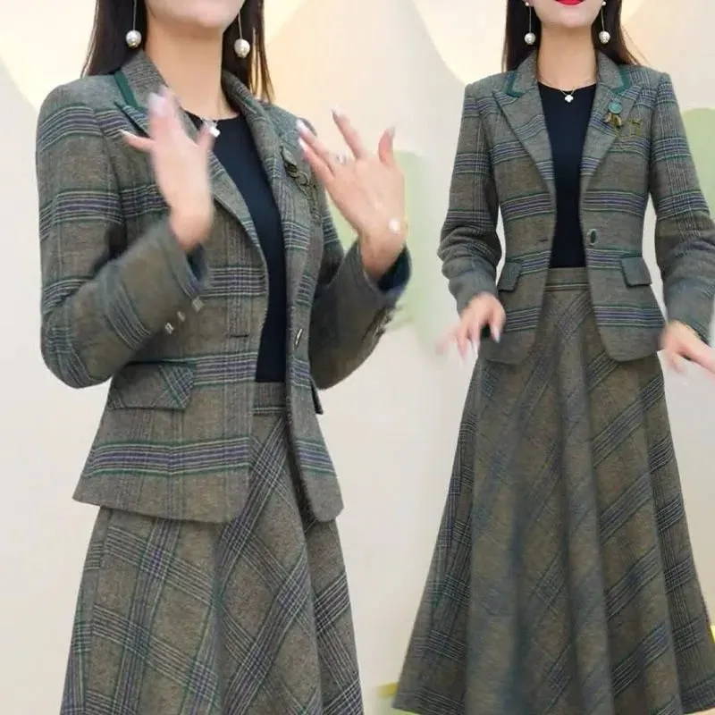 Elegant Plaid Skirts 2 Piece Set Slim Blazer Tops   A-line Vintage Skirt Korean Casual Tracksuit Spring Fall Women Ensembles