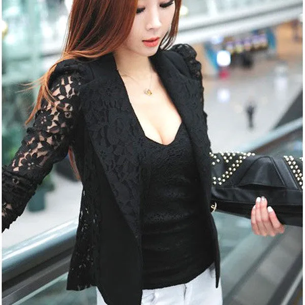 Elegant Women Long Sleeve Coat Lace Open Front Blazer Short Casual Jacket Blouse Slim Coat