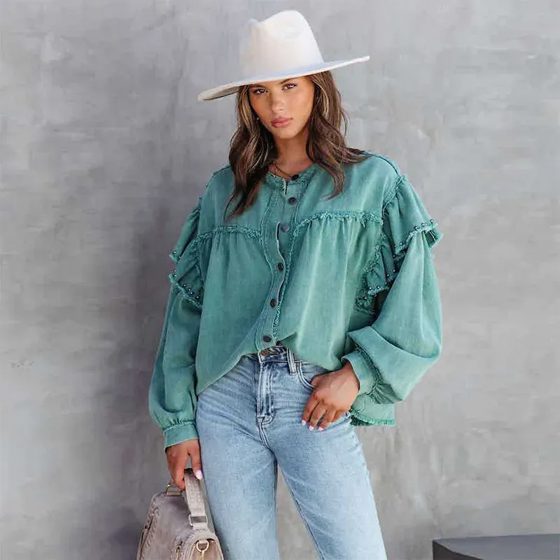 Elevate Frayed Ruffle Button-Up Oversized Denim Shirt
